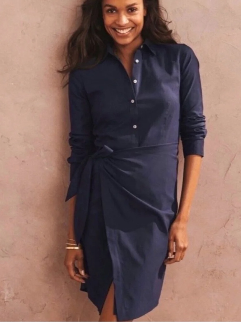 UNTUCKit Navy Blue Amelia Stretch Cotton Long Sleeve Wrap Shirt Dress - women 16